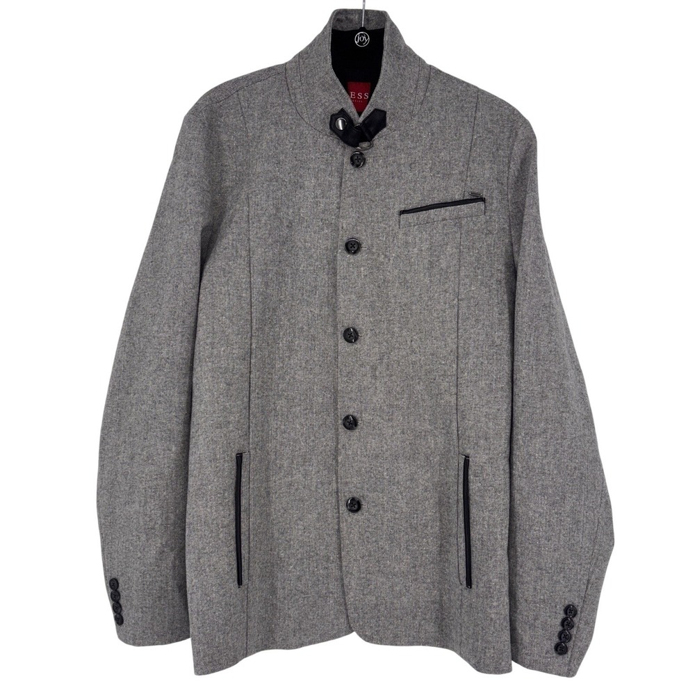 Guess Mens Jacket Blazer Gray Large Zip Out Accent Collar/Trim Modern Preppy EUC